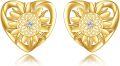 wholesale 14K Gold Sunflower CZ Pearl Heart Stud Earrings for Women Gifts for Mom and Girlfriends-0-0