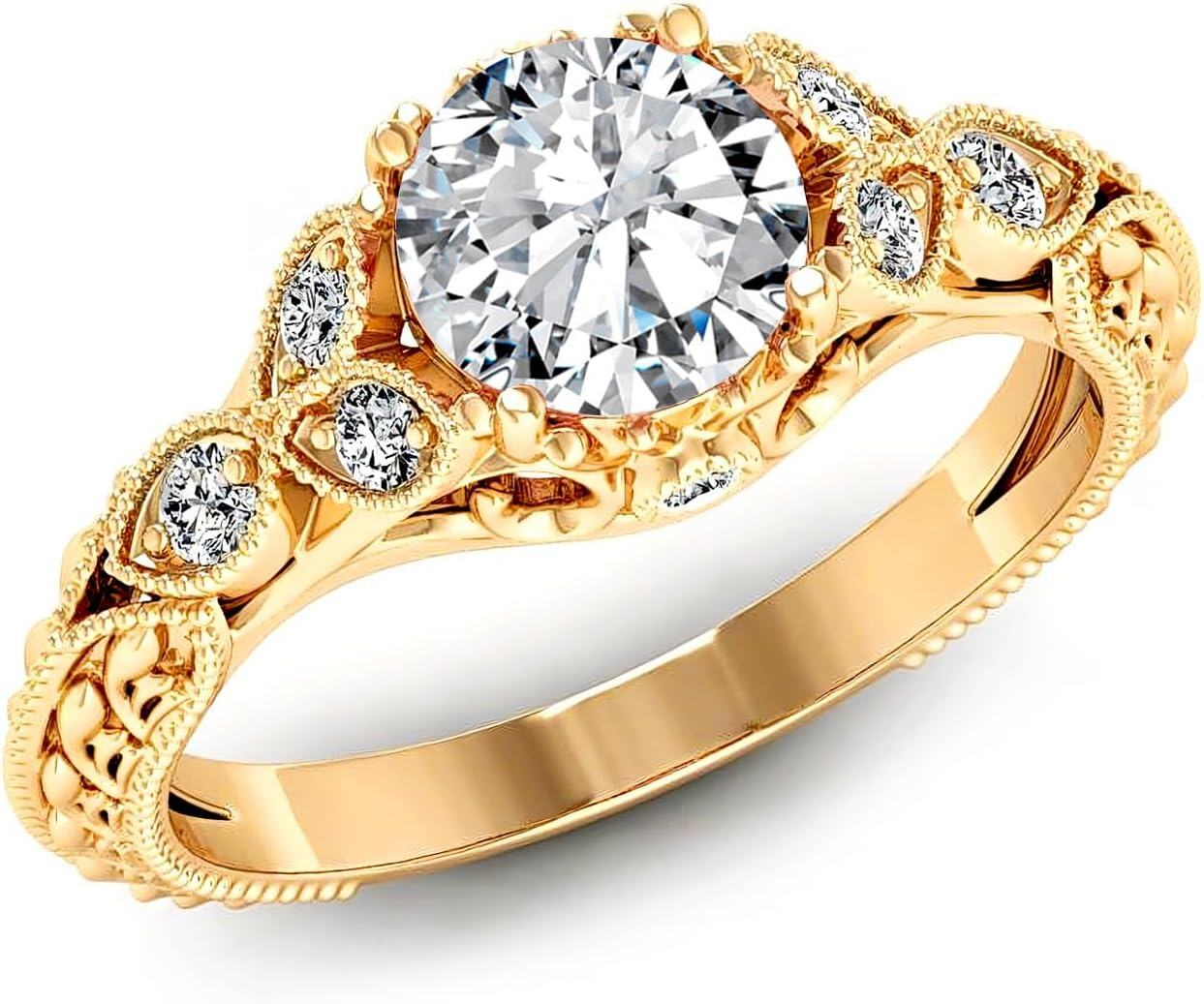14K Gold Round Cut Gemstone Vintage Engagement Ring for Women 1ct-Pink Tourmaline-Moissanite-Created Alexandrite-Created Opal-Created Sapphire