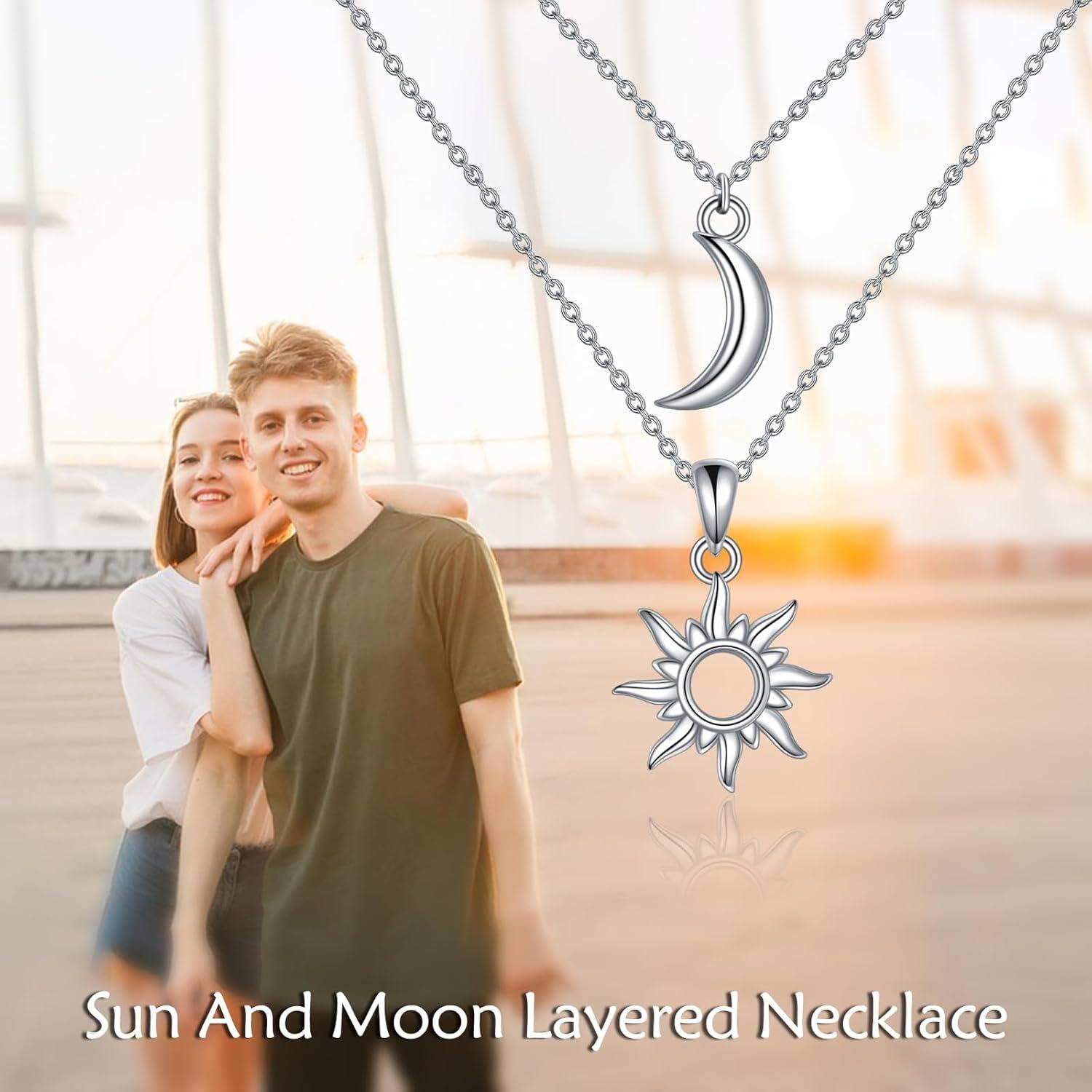 wholesale 925 Sterling Silver Layered Sun & Moon Pendant Necklaces for Women Gifts-0-1