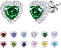 wholesale 925 Sterling Silver Cubic Zirconia 12 Birthstone Heart Stud Earrings-05-May