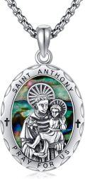 wholesale 925 Sterling Silver Oval St Anthony Medal Prayer for Us Pendant Necklace w/ Abalone Shell & Chain-0-0
