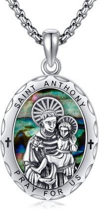 wholesale 925 Sterling Silver Oval St Anthony Medal Prayer for Us Pendant Necklace w/ Abalone Shell & Chain-St Anthony