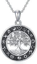 wholesale 925 Sterling Silver Round Tree of Life Pendant Necklace with Symbols and Chain for Women-0-0