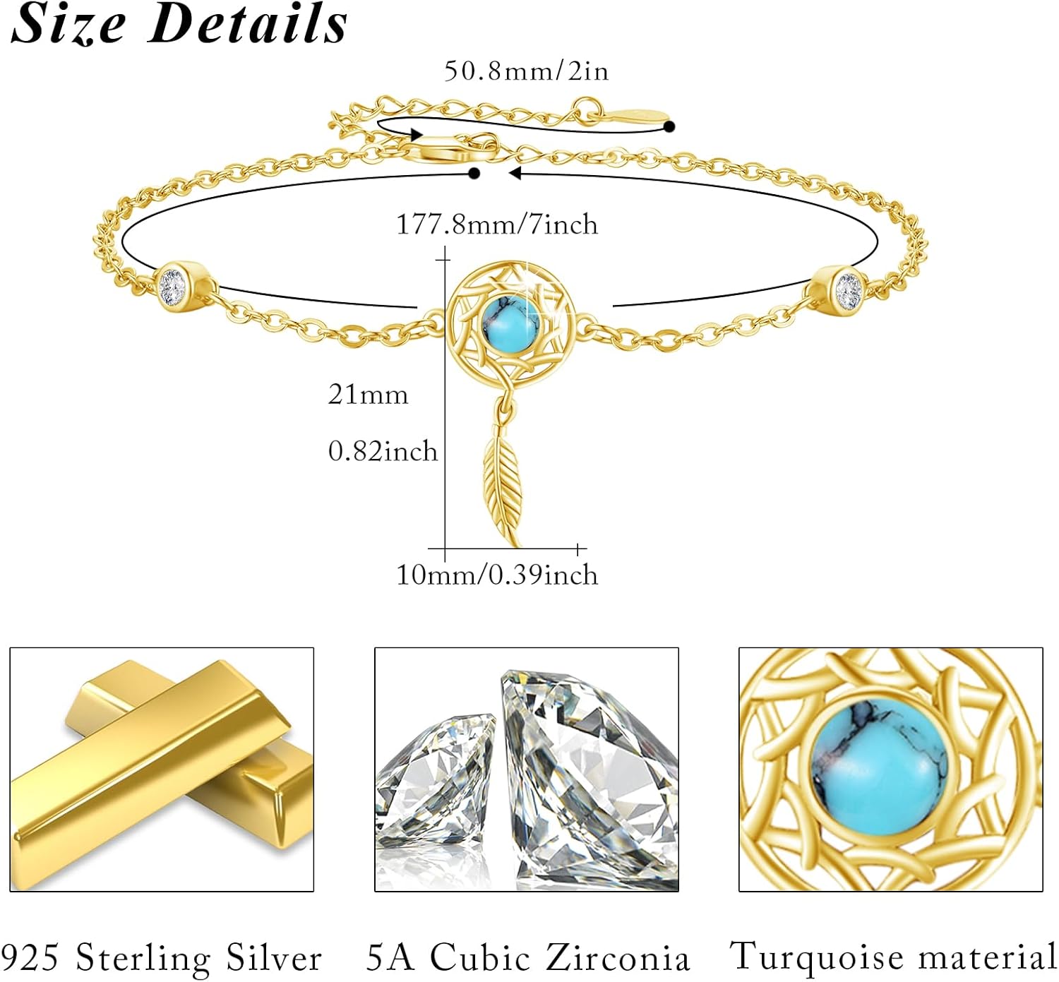 Sterling Silver Boho Stone Dream Catcher Bracelet for Women Adjustable 7+2in-0-4