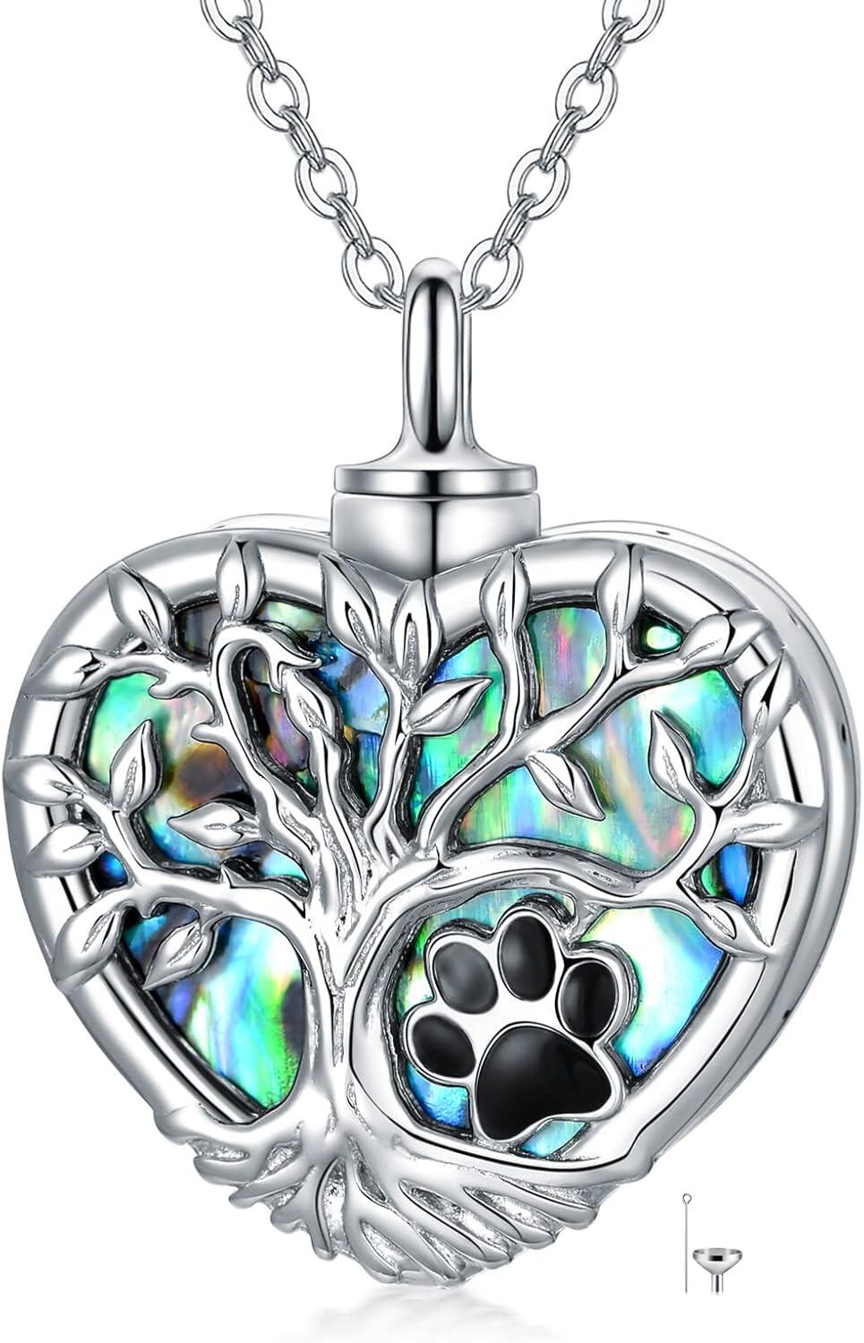 925 Sterling Silver Heart Shaped Abalone Shell Tree of Life Paw Print Keepsake Pendant Necklace for Ashes Memorials-0-0