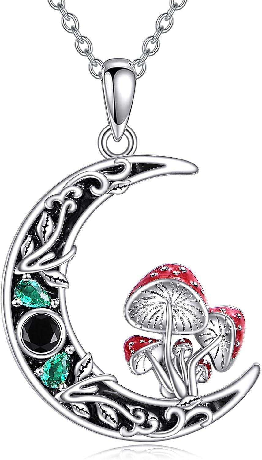 wholesale 925 Sterling Silver Red & Green Crystal Spider Mushroom Crescent Moon Pendant Necklace-0-0