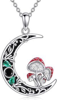 wholesale 925 Sterling Silver Red & Green Crystal Spider Mushroom Crescent Moon Pendant Necklace-Mushroom Necklace