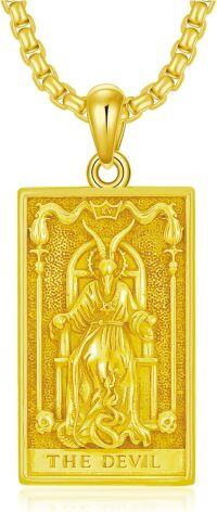 wholesale Sterling Silver Tarot Card Necklace w Sun Moon Star Strength Lovers Death Devil Fool Unisex Gift-Devil_Gold