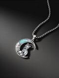 wholesale 925 Sterling Silver Fox on Turquoise Crescent Moon Pendant Necklace-0-3