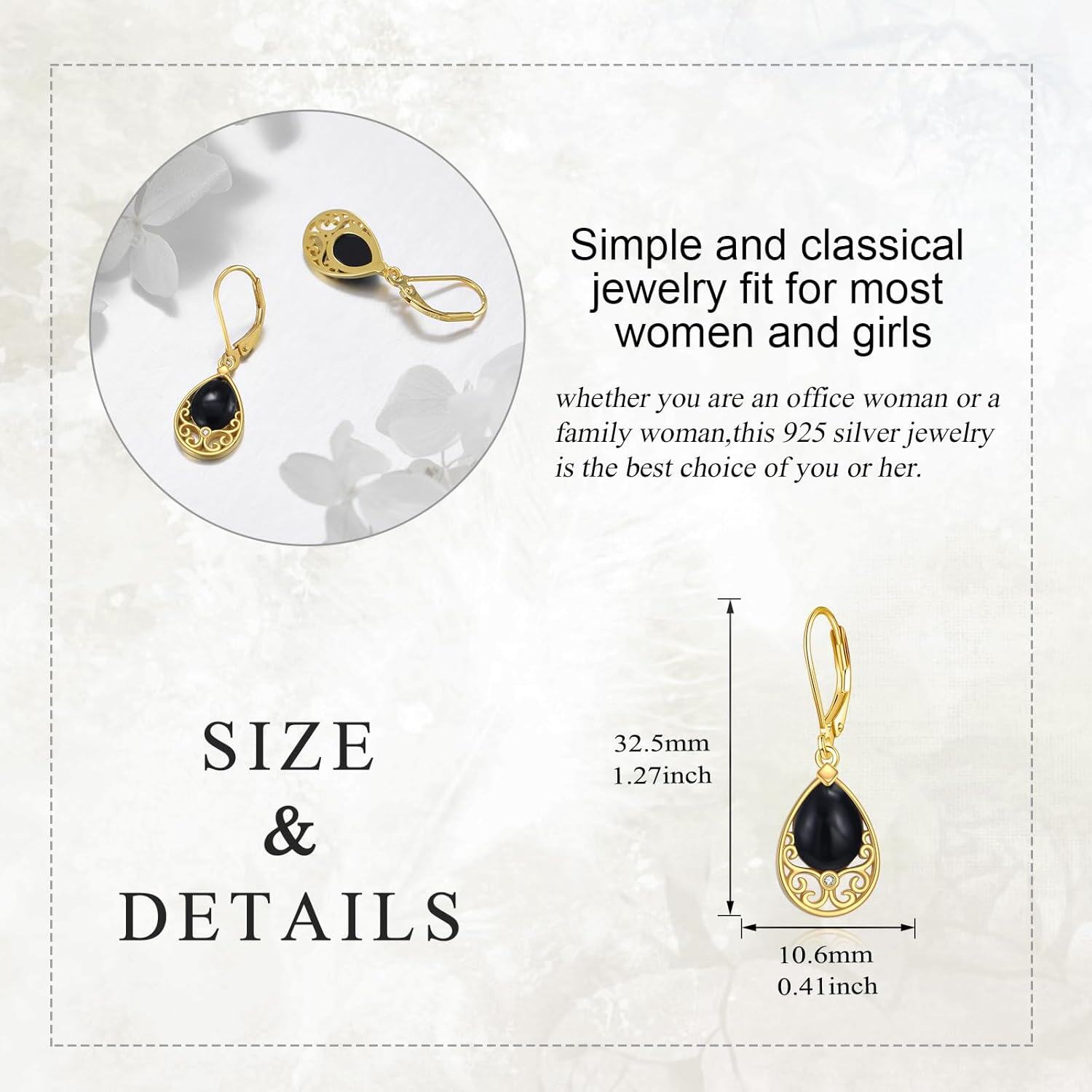 14K Gold Plated Sterling Silver Black Onyx Dangle Leverback Earrings-0-2