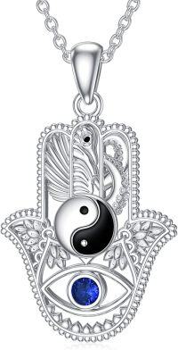 wholesale 925 Sterling Silver Ying-Yang Evil Eye Pendant Necklace with Blue Sapphire and Leaf Design-Yin Yang Hamsa Necklace