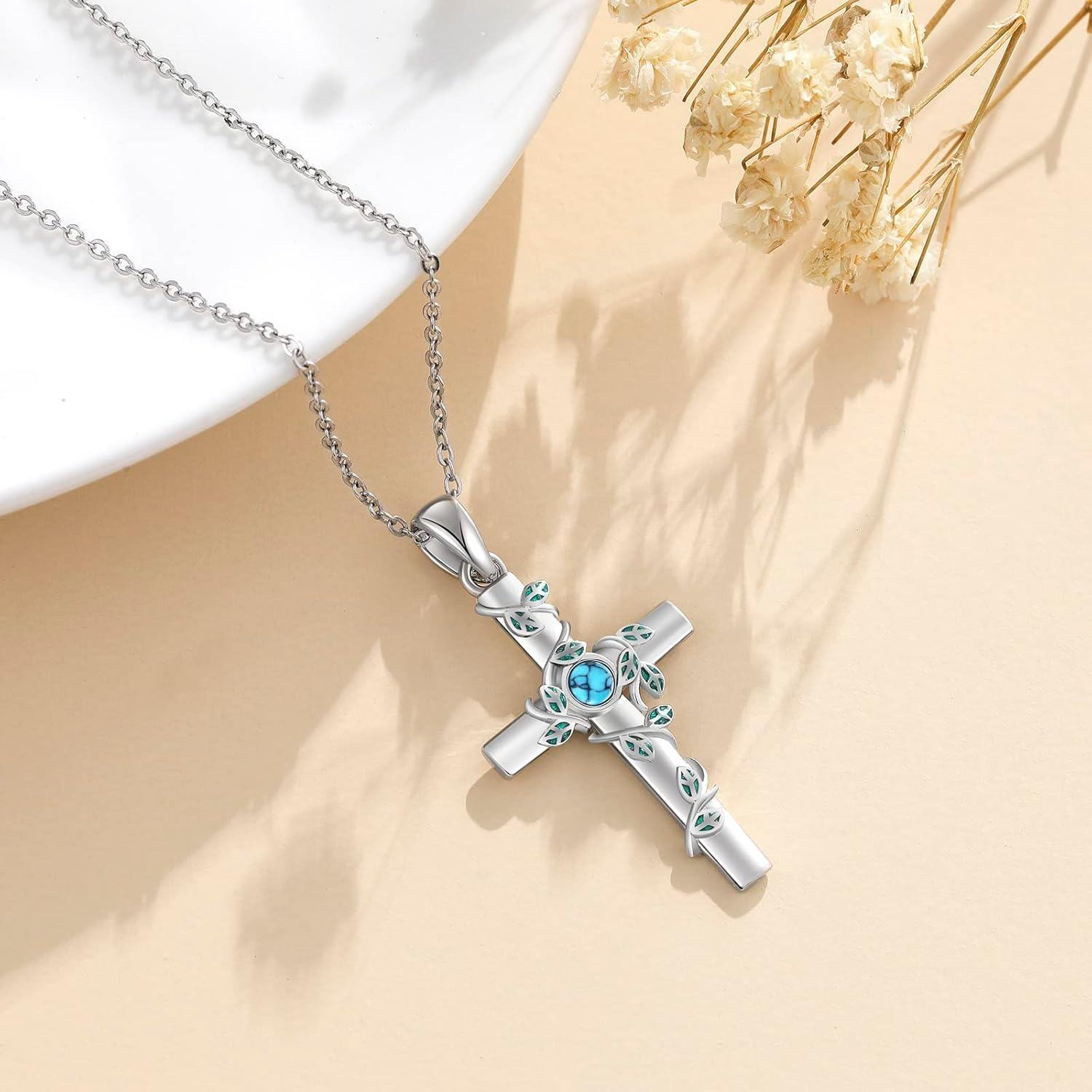 wholesale 925 Sterling Silver Cross with Turquoise and Leaf Design Necklace for Women-0-4