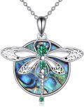 wholesale 925 Sterling Silver Dragonfly Pendant with Green Stone and Shell Inlay Necklace-0-0