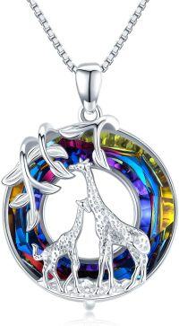 wholesale 925 Sterling Silver Rainbow Crystal Giraffe Pendant Necklaces for Women Mothers Day Gifts-Mother & Child