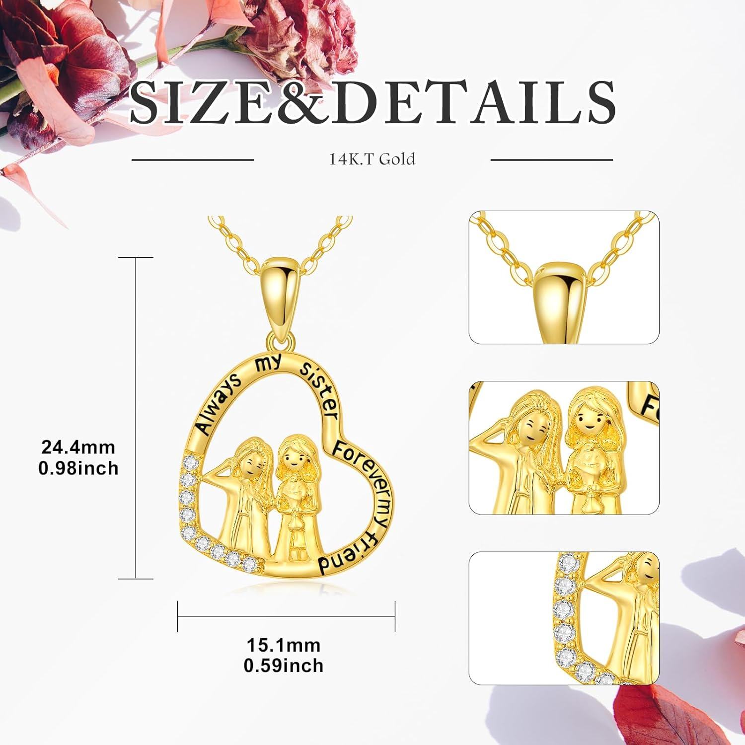 wholesale 14K Gold Heart Pendant Necklace with Sisters and Sunflower Charm for Mom or Daughter - Mothers Day s-0-4
