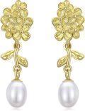 wholesale Gold-Plated 925 Sterling Silver Flower and Leaf Design with Pearl Dangle Stud Earrings for Women-0-0