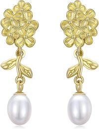 wholesale Gold-Plated 925 Sterling Silver Flower and Leaf Design with Pearl Dangle Stud Earrings for Women-Gold Flower