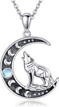 wholesale 925 Sterling Silver Moon Howling Wolf Pendant Necklace with Gemstone s for Women Girls-0-0