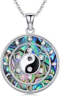 wholesale 925 Sterling Silver Abalone Shell 7 Chakra Yin Yang Lotus Pendant Necklace with Cubic Zirconia Stones and Chain for Women Girls  (Silver)-Yin Yang-Lotus