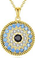 wholesale  14K Gold Plated 925 Sterling Silver Evil Eye Pendant Necklace with Black Stone, White Crystals & Blue Sapphires, 19.6-27.5mm-0-0