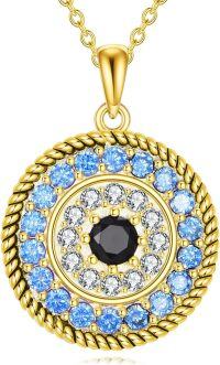 wholesale  14K Gold Plated 925 Sterling Silver Evil Eye Pendant Necklace with Black Stone, White Crystals & Blue Sapphires, 19.6-27.5mm-Gold-Evil Eye Necklace