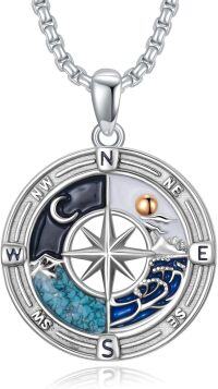 wholesale Sterling Silver Stone Owl Compass Necklace Graduation Gift for Women-Mountain and Sea-22+2''