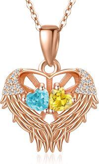 wholesale Sterling Silver 2 Birthstones Angel Wings Necklace for Women-03-11-Mar-Nov