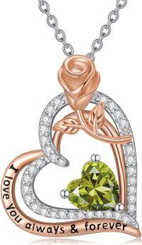 wholesale 925 Sterling Silver Rose Birthstone Necklace Heart Pendant Jewelry Gift for Women-08-August