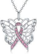 wholesale 925 Sterling Silver Butterfly Pink Ribbon Breast Cancer Awareness Pendant Necklace for Women Gifts-0-0