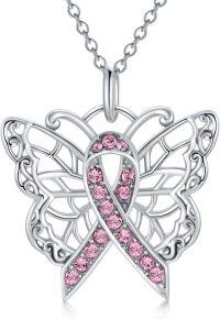 wholesale 925 Sterling Silver Butterfly Pink Ribbon Breast Cancer Awareness Pendant Necklace for Women Gifts-01-Butterfly-pink-Breast Cancer-01-Butterfly-pink-Breast Cancer