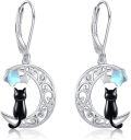 wholesale 925 Sterling Silver Moon & Star Black Cat Leverback Drop Earrings-0-0