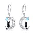 wholesale 925 Sterling Silver Black Cat Crescent Moon Star Moonstone Drop Earrings-0-0