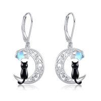 wholesale 925 Sterling Silver Black Cat Crescent Moon Star Moonstone Drop Earrings-Black Cat