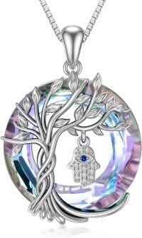 wholesale 925 Sterling Silver Hamsa Hand & Tree of Life Amulet Purple Swarovski Elements Pendant Necklace for Women Girls  45cm Chain Length-Hamsa-Purple Crystal