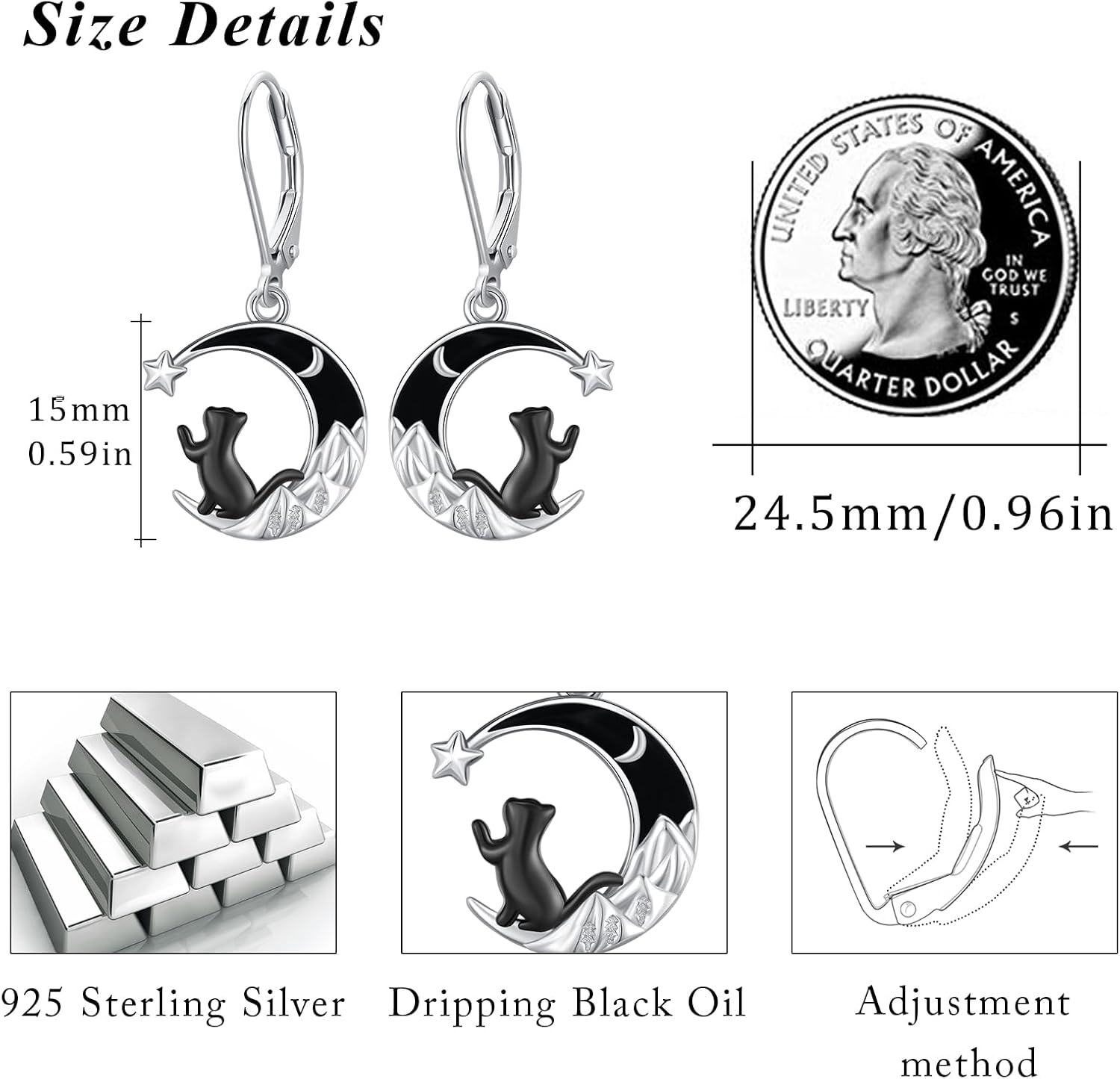 Sterling Silver Moon Black Cat Dangle Earrings for Women-0-4