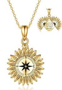 wholesale 925 Sterling Silver Plated Gold Compass Rose Locket Necklace with Go in the Direction of Your Dreams Inscription-C-Compass Gold