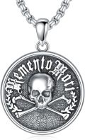 wholesale 925 Sterling Silver Mens Masonic Memento Mori Skull Crossbones Pendant Necklace-0-0
