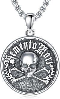 wholesale 925 Sterling Silver Mens Masonic Memento Mori Skull Crossbones Pendant Necklace-4-1-Memento Mori