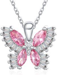 wholesale 925 Sterling Silver Birthstone Butterfly Necklace for Women-10-Oct-Tourmaline Pink