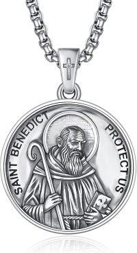 wholesale 925 Sterling Silver St Benedict Pendant Protection Charm Mens Necklace w/Chain-A40-Saint Benedict