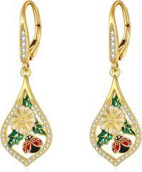 wholesale 925 Sterling Silver Plated Gold  Ladybug Flower Drop Earrings for Women Girls Gifts Lever Back Jewelry 23x48mm-Silver