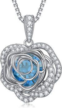 wholesale  Sterling Silver 12 Birthstone Rose Pendant Necklace Mother s Day Gift -12-Dec-Blue Topaz