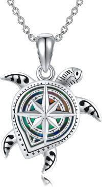 wholesale 925 Sterling Silver Compass Sea Turtle Pendant Necklace with Black Enamel Accents and Chain for Women Men-Turtle