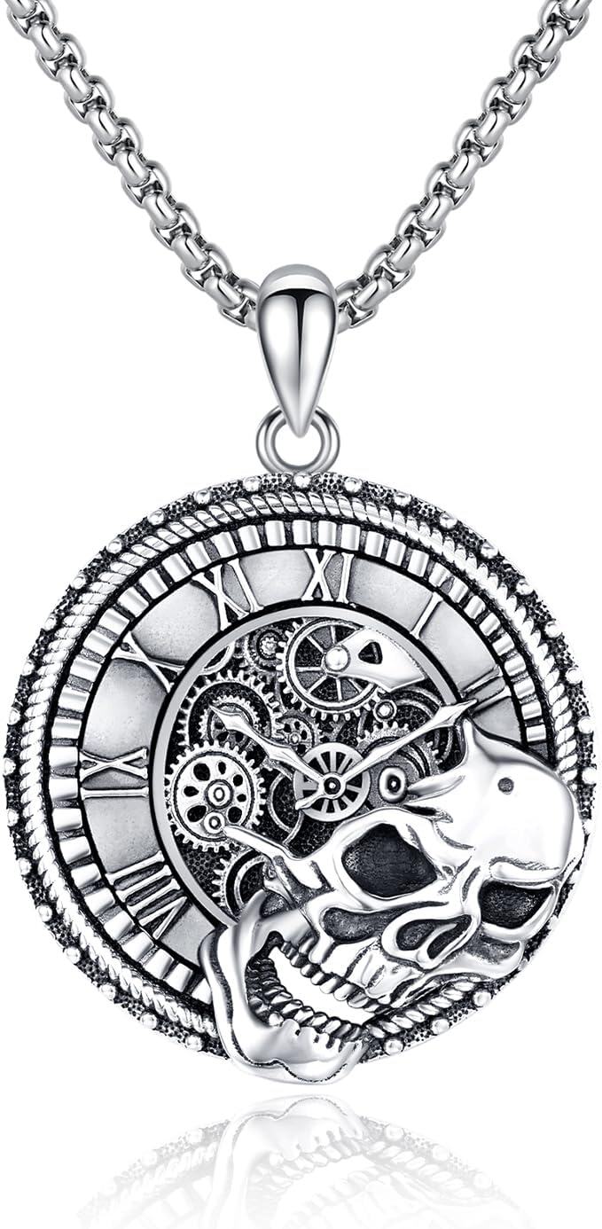 925 Sterling Silver Steampunk Gear Skull Pendant Necklace - Gothic Memento Mori s for Men & Women-0-0