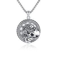 wholesale 925 Sterling Silver Skull Gear Clock Pendant Necklace-Clock Skull