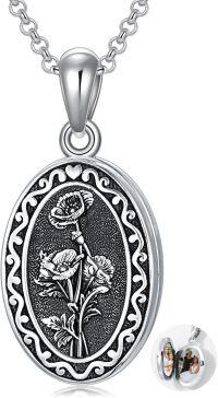 wholesale Sterling Silver 12 Month Birth Flower Photo Locket Necklace Jewelry Gift -08-August-Poppy-08-August-Poppy-p-3.photo&text customized-1.no custom-2.text customized-08-August-Poppy-text