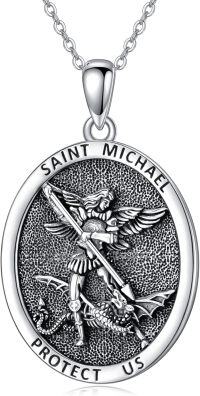 wholesale 925 Sterling Silver St. Michael Pendant with Dragon and Sword Design on Oval Shape Medallion - Protect Us Charm Necklace (22+2)-Saint Michael-1