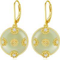 wholesale 14K Gold Plated Sterling Silver Round Natural Jade Earrings for Women-C-Sunflower-Gold
