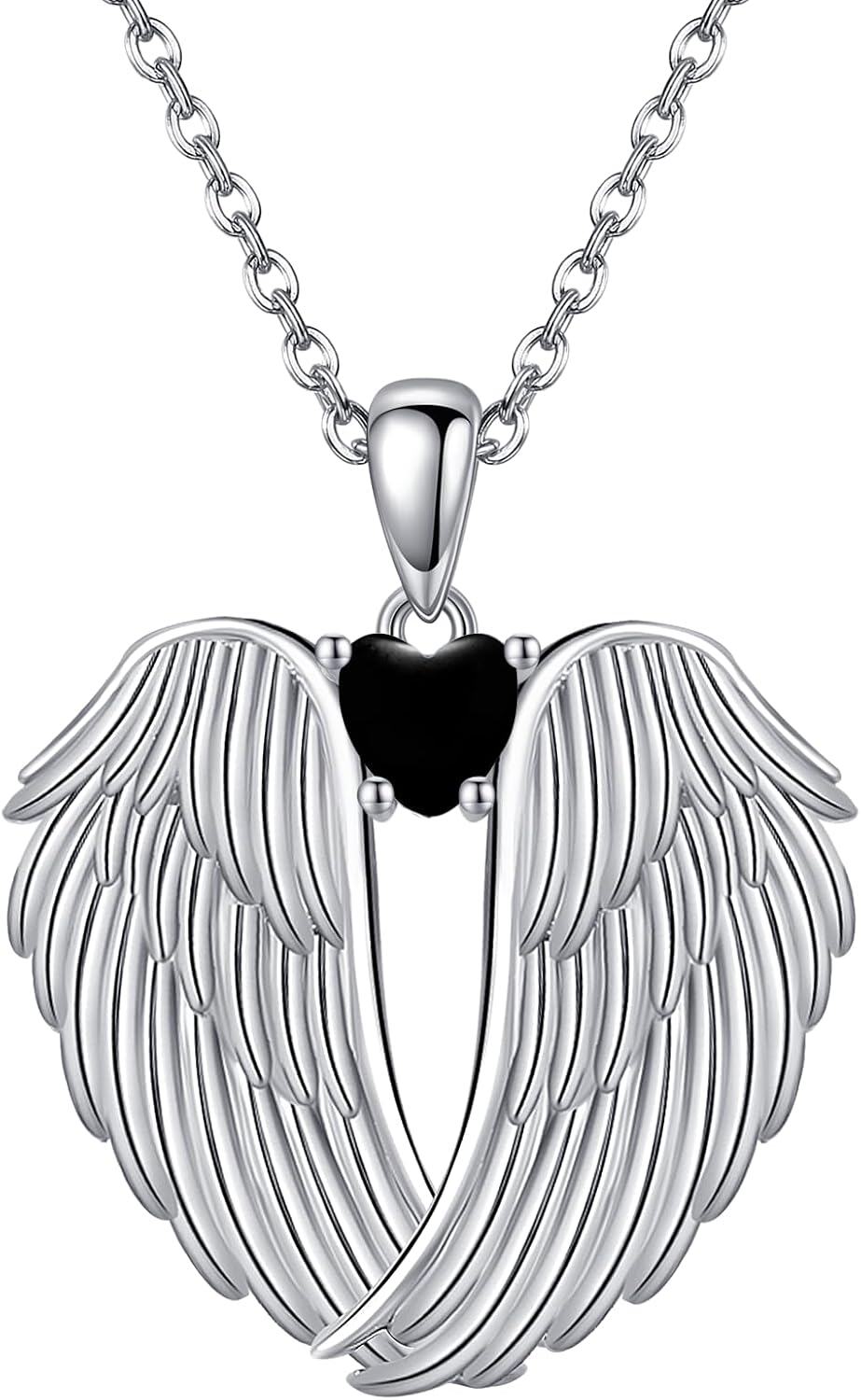 Sterling Silver Birthstone Angel Wings Pendant Necklace-black onyx wings
