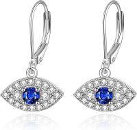 wholesale 925 Sterling Silver Evil Eye Drop Earrings with Blue Stone and CZ Accents-CZ Evil Eye Leverback Earrings